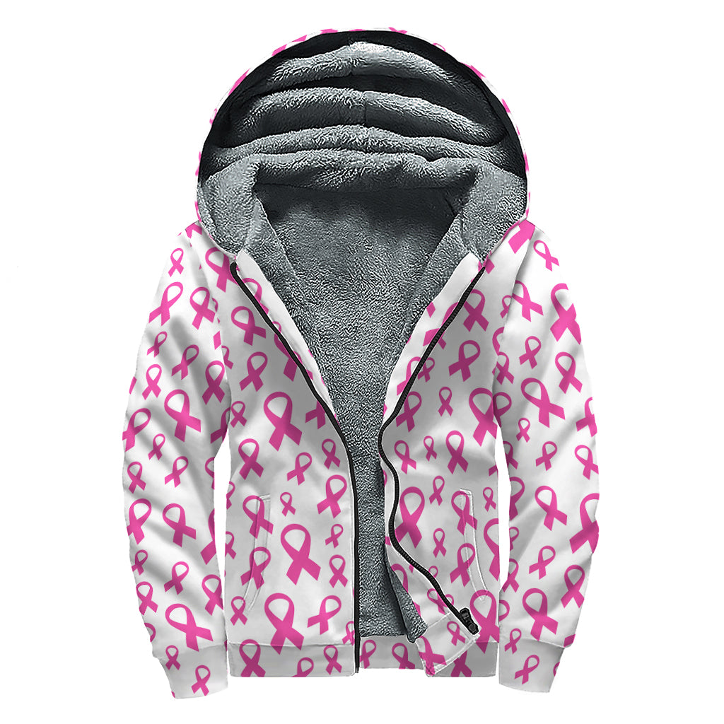 Little Breast Cancer Ribbon Print Sherpa Lined Zip Up Hoodie
