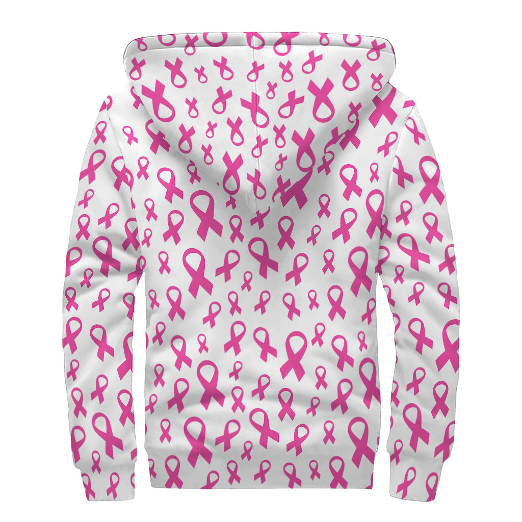 Little Breast Cancer Ribbon Print Sherpa Lined Zip Up Hoodie