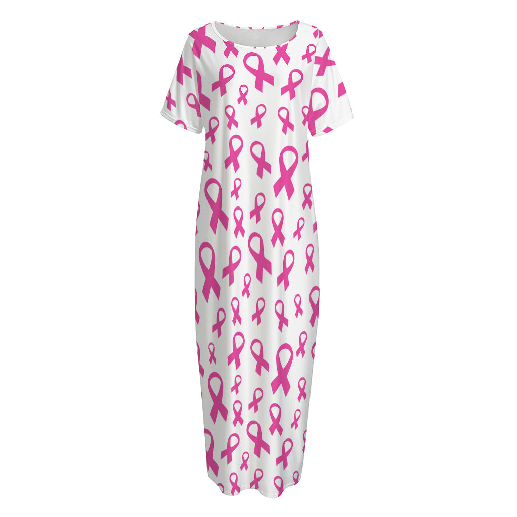 Little Breast Cancer Ribbon Print Short Sleeve Long Nightdress