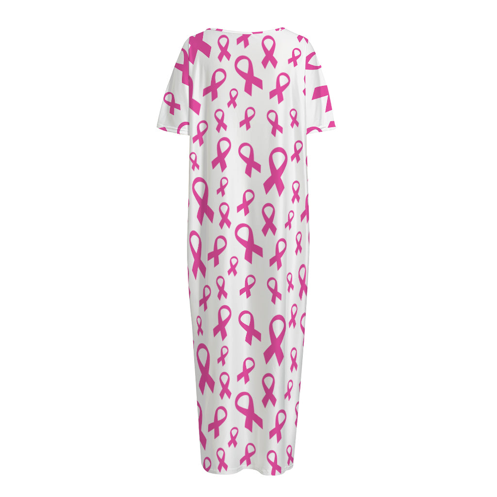 Little Breast Cancer Ribbon Print Short Sleeve Long Nightdress