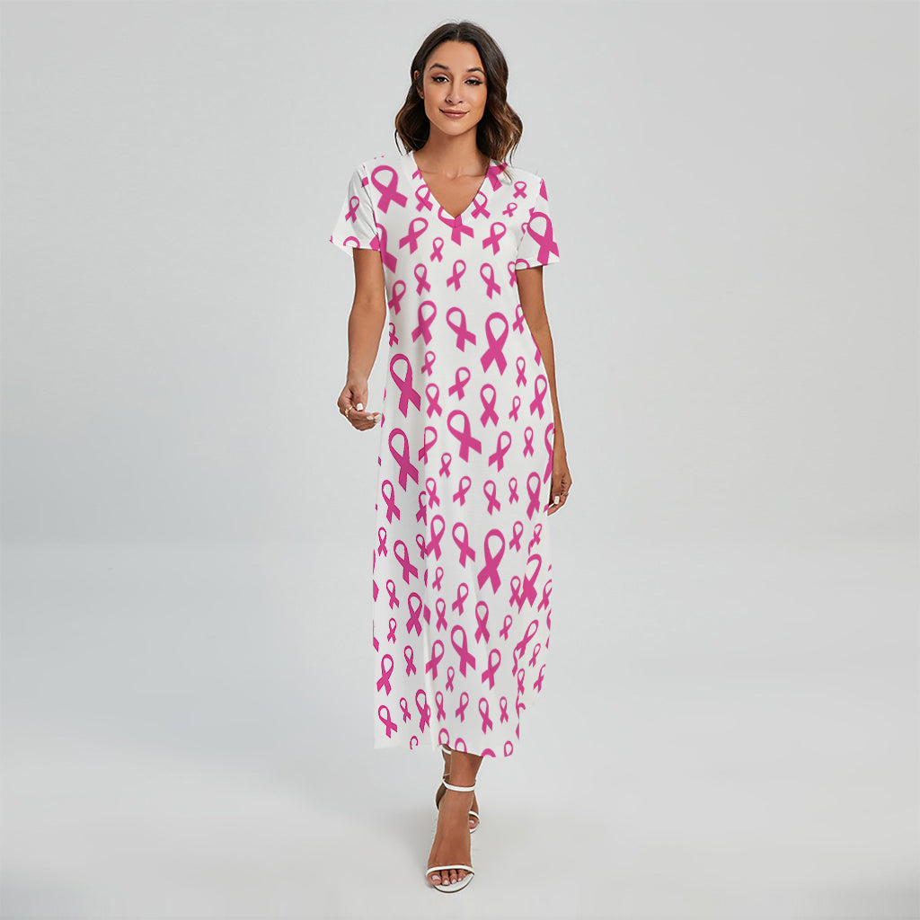 Little Breast Cancer Ribbon Print Short Sleeve Maxi Dress