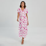 Little Breast Cancer Ribbon Print Short Sleeve Maxi Dress