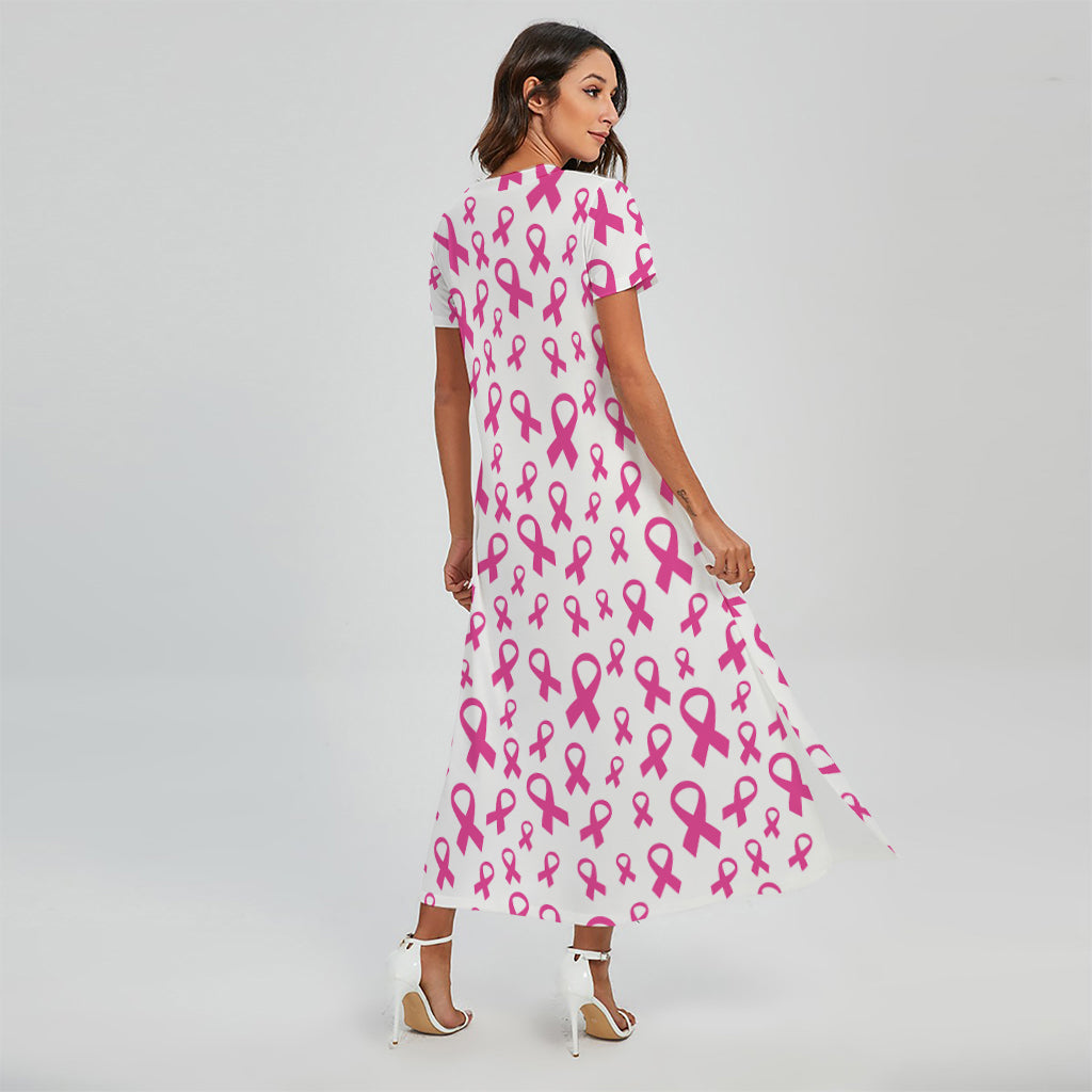 Little Breast Cancer Ribbon Print Short Sleeve Maxi Dress