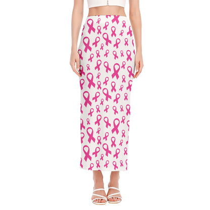 Little Breast Cancer Ribbon Print Side Slit Maxi Skirt