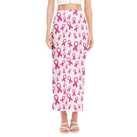 Little Breast Cancer Ribbon Print Side Slit Maxi Skirt