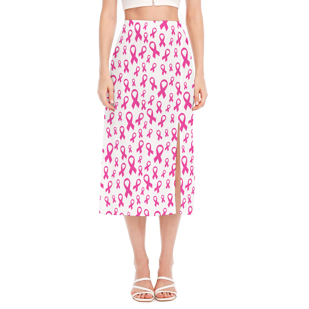 Little Breast Cancer Ribbon Print Side Slit Midi Skirt