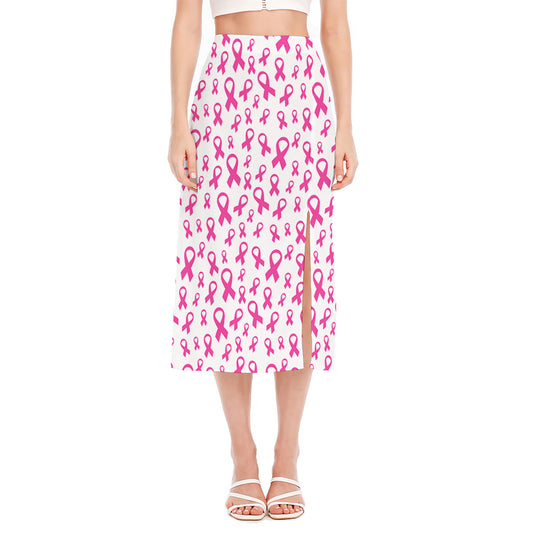 Little Breast Cancer Ribbon Print Side Slit Midi Skirt