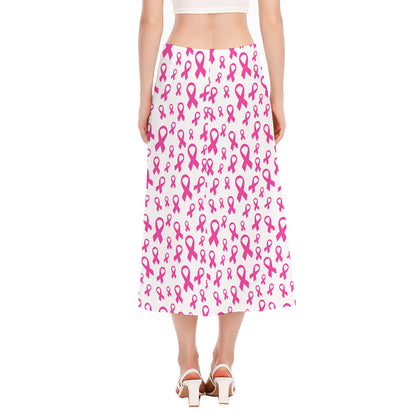 Little Breast Cancer Ribbon Print Side Slit Midi Skirt
