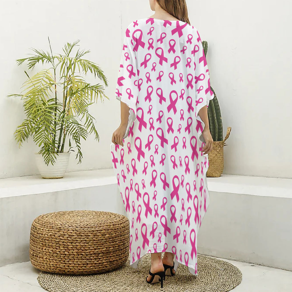 Little Breast Cancer Ribbon Print Silk V-Neck Kaftan Dress