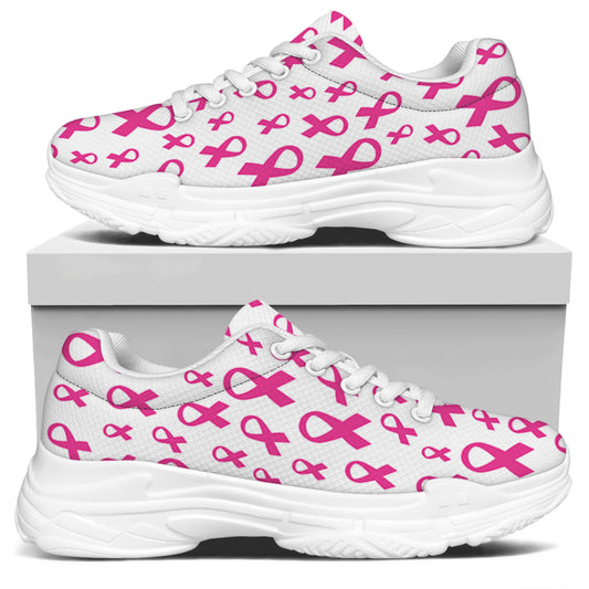 Little Breast Cancer Ribbon Print White Chunky Shoes