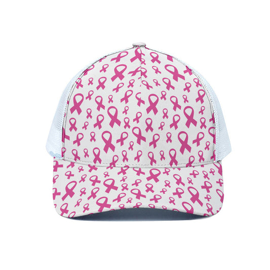 Little Breast Cancer Ribbon Print White Mesh Trucker Cap