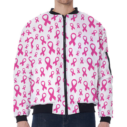 Little Breast Cancer Ribbon Print Zip Sleeve Bomber Jacket