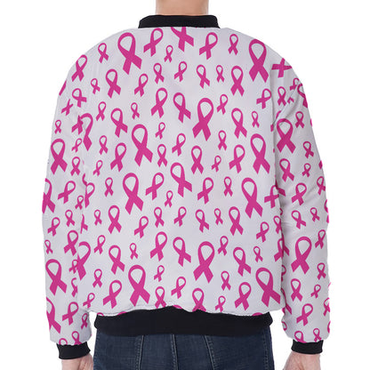 Little Breast Cancer Ribbon Print Zip Sleeve Bomber Jacket
