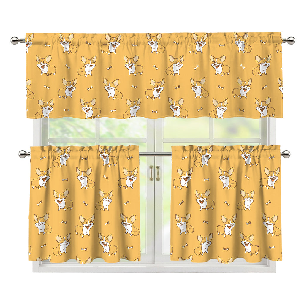 Little Corgi Pattern Print 3 Piece Kitchen Curtains