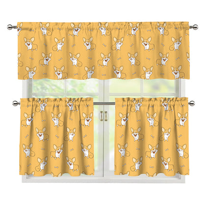 Little Corgi Pattern Print 3 Piece Kitchen Curtains