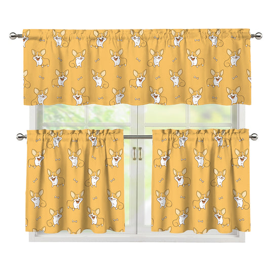 Little Corgi Pattern Print 3 Piece Kitchen Curtains