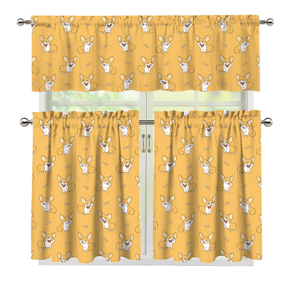 Little Corgi Pattern Print 3 Piece Kitchen Curtains