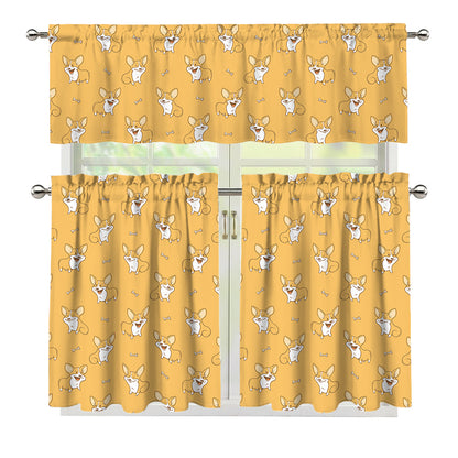 Little Corgi Pattern Print 3 Piece Kitchen Curtains