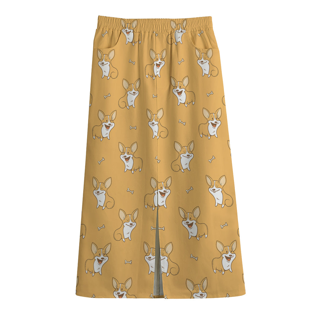 Little Corgi Pattern Print Cotton Front Slit Maxi Skirt