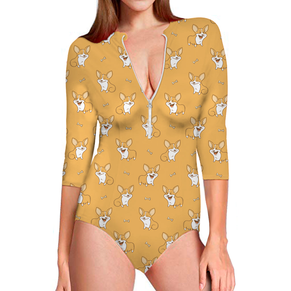 Little Corgi Pattern Print Long Sleeve Swimsuit