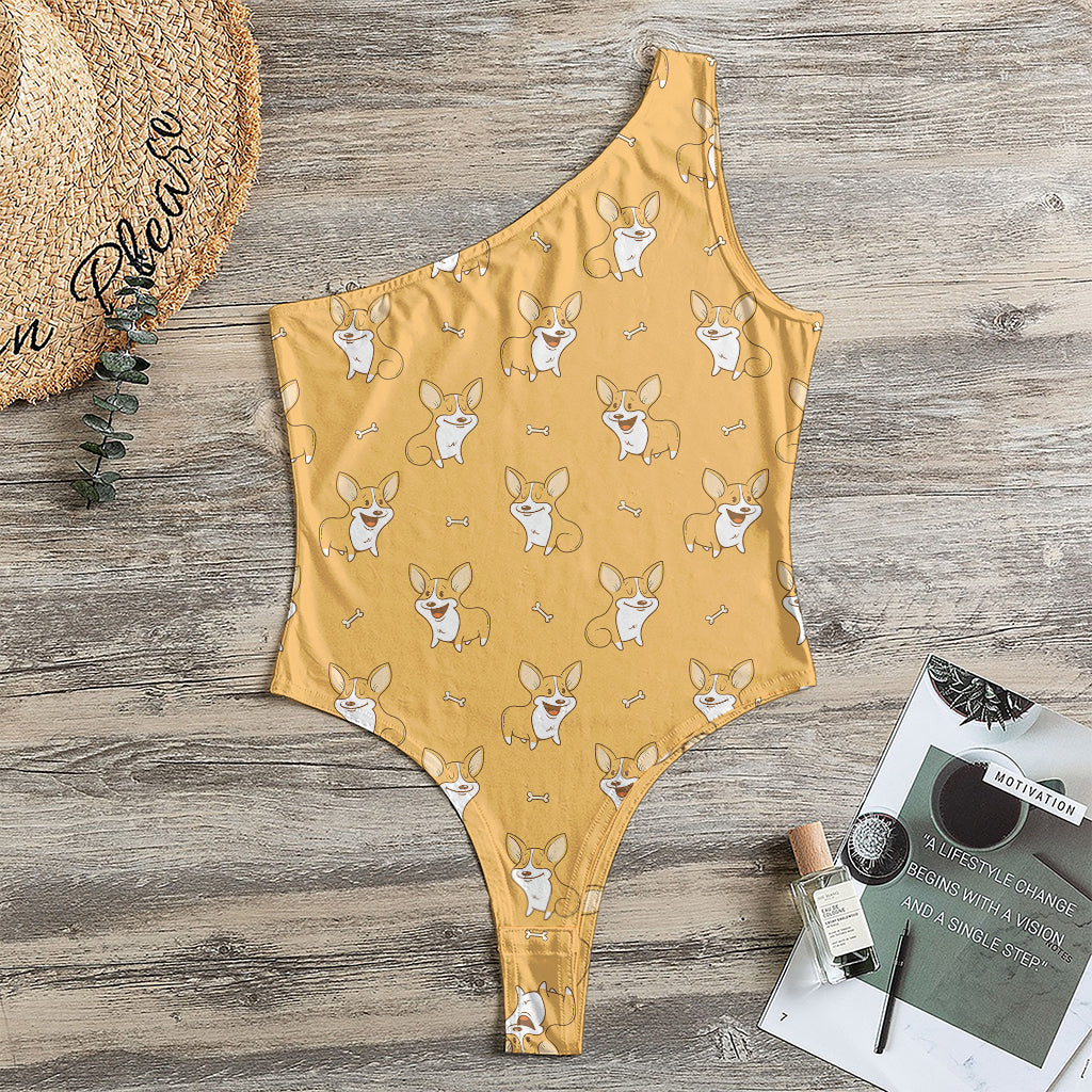 Little Corgi Pattern Print One Shoulder Bodysuit