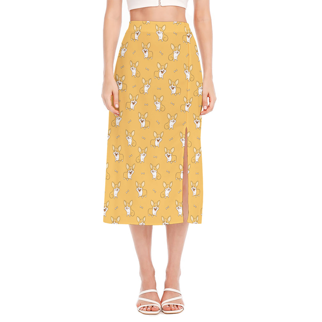 Little Corgi Pattern Print Side Slit Midi Skirt