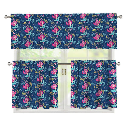 Little Cute Mermaid Pattern Print 3 Piece Kitchen Curtains