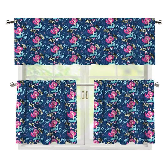 Little Cute Mermaid Pattern Print 3 Piece Kitchen Curtains