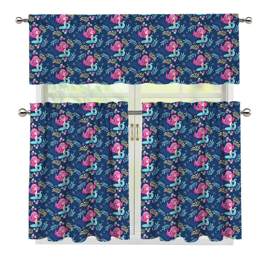 Little Cute Mermaid Pattern Print 3 Piece Kitchen Curtains