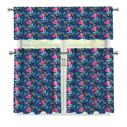 Little Cute Mermaid Pattern Print 3 Piece Kitchen Curtains