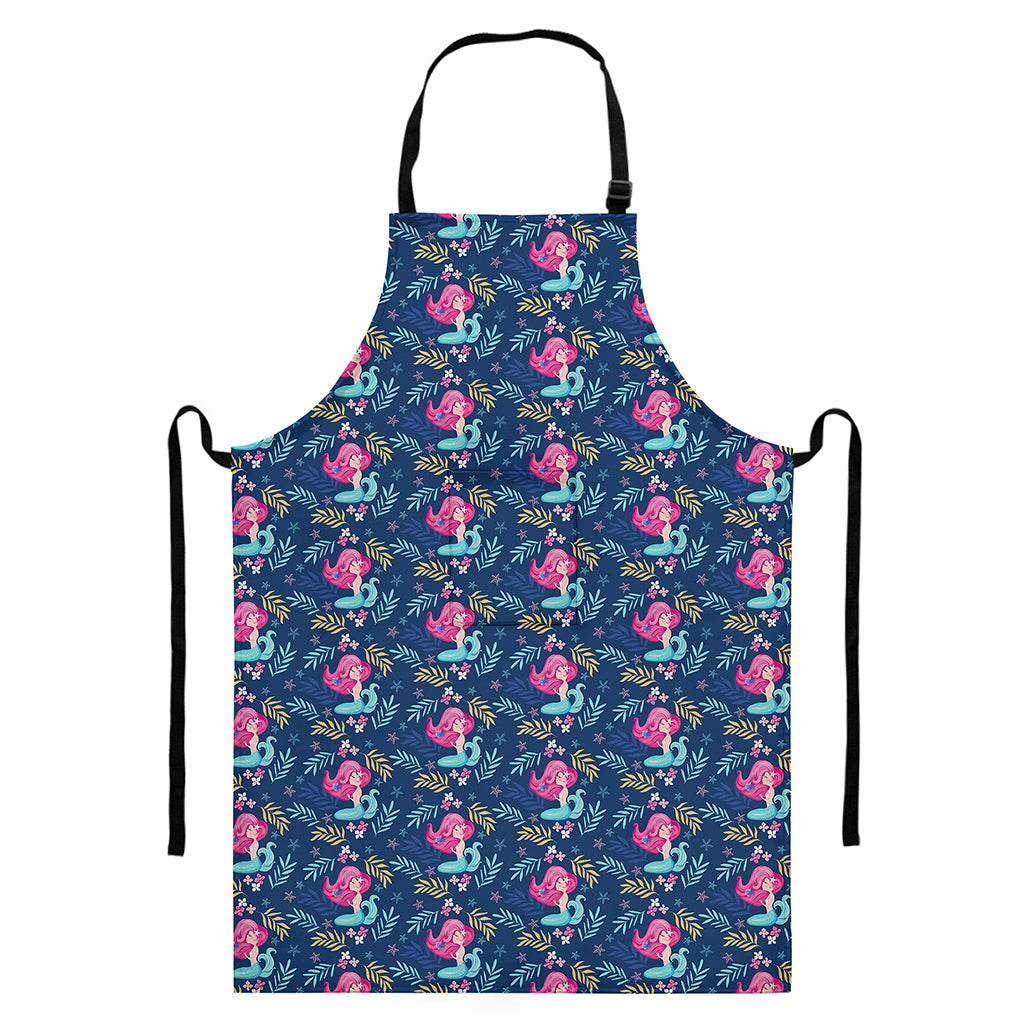 Little Cute Mermaid Pattern Print Bib Apron With Pocket