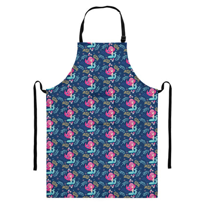 Little Cute Mermaid Pattern Print Bib Apron With Pocket