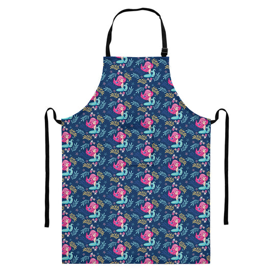 Little Cute Mermaid Pattern Print Bib Apron With Pocket
