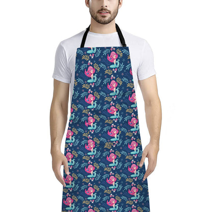 Little Cute Mermaid Pattern Print Bib Apron With Pocket