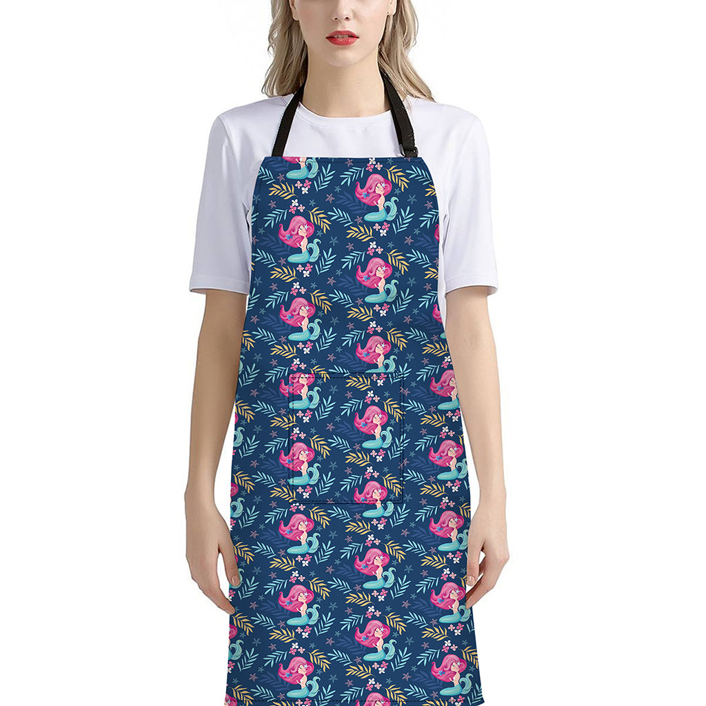 Little Cute Mermaid Pattern Print Bib Apron With Pocket