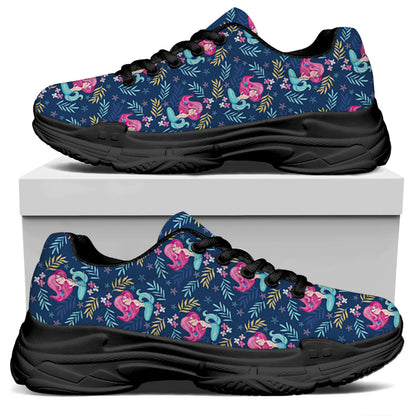 Little Cute Mermaid Pattern Print Black Chunky Shoes
