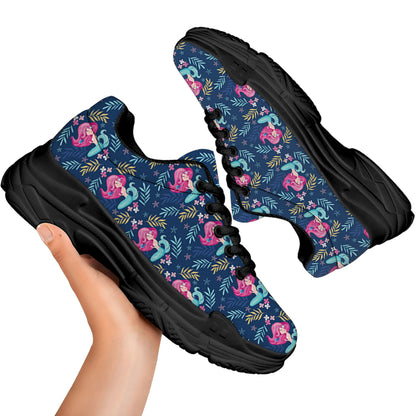 Little Cute Mermaid Pattern Print Black Chunky Shoes