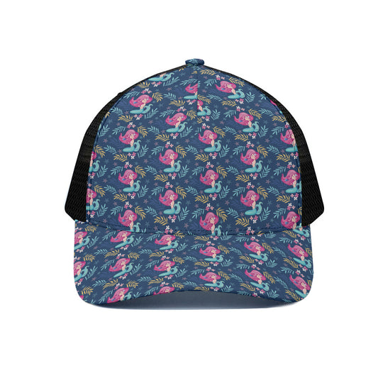 Little Cute Mermaid Pattern Print Black Mesh Trucker Cap