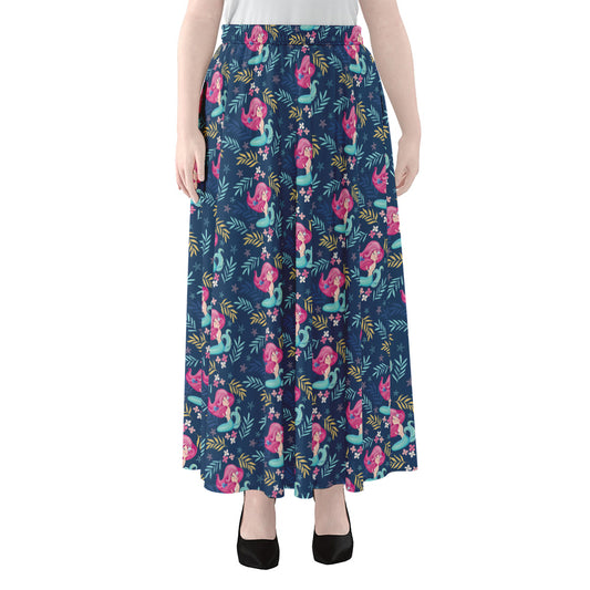 Little Cute Mermaid Pattern Print Chiffon Maxi Skirt