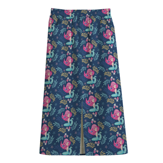 Little Cute Mermaid Pattern Print Cotton Front Slit Maxi Skirt