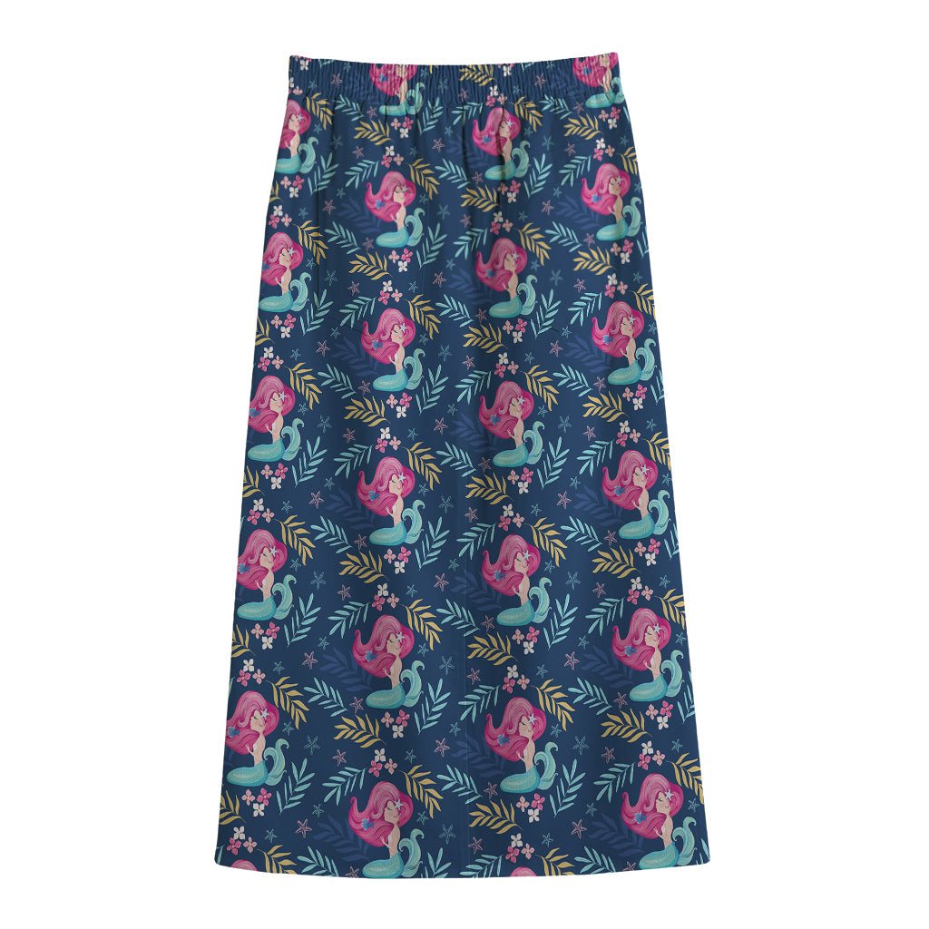 Little Cute Mermaid Pattern Print Cotton Front Slit Maxi Skirt