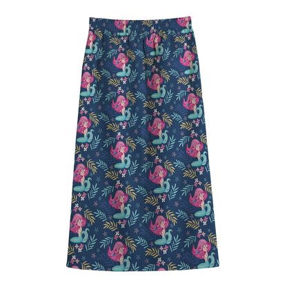 Little Cute Mermaid Pattern Print Cotton Front Slit Maxi Skirt