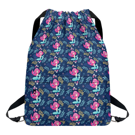 Little Cute Mermaid Pattern Print Drawstring Backpack
