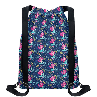 Little Cute Mermaid Pattern Print Drawstring Backpack