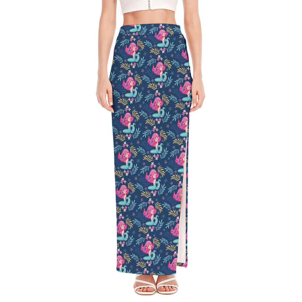 Little Cute Mermaid Pattern Print High Slit Maxi Skirt
