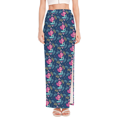 Little Cute Mermaid Pattern Print High Slit Maxi Skirt