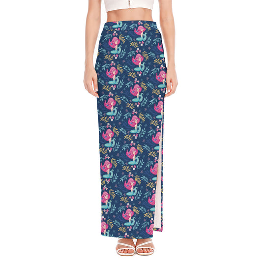 Little Cute Mermaid Pattern Print High Slit Maxi Skirt