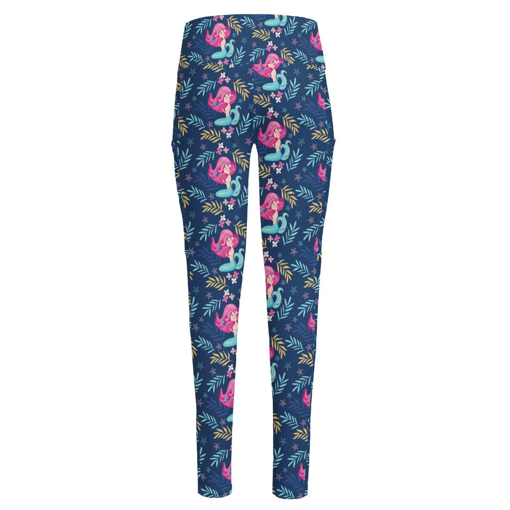 Little Cute Mermaid Pattern Print High-Waisted Pocket Leggings