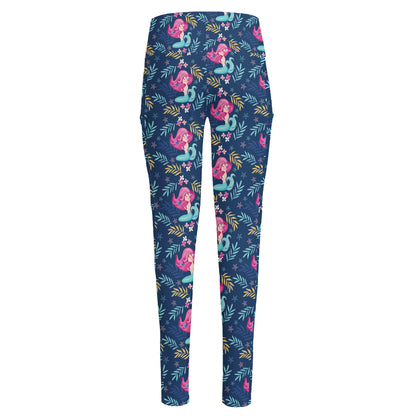 Little Cute Mermaid Pattern Print High-Waisted Pocket Leggings