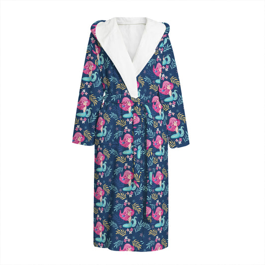 Little Cute Mermaid Pattern Print Hooded Bathrobe